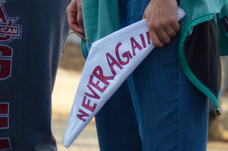 This photo is of the Roe v. Wade Protests on June 27th 2022. It depicts a clothes hanger decorated with the bold red words stating "Never Again"